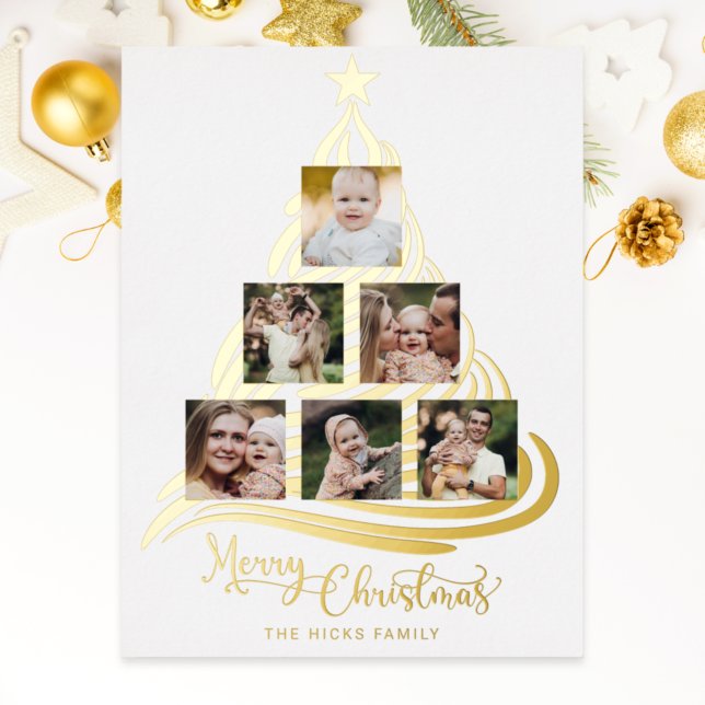 Modern Gold Foil Christmas Tree Family Multiphoto  Foil Holiday Card (Creator Uploaded)