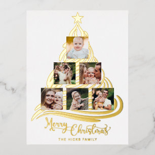 Modern Gold Foil Christmas Tree Family Multiphoto  Foil Holiday Postcard