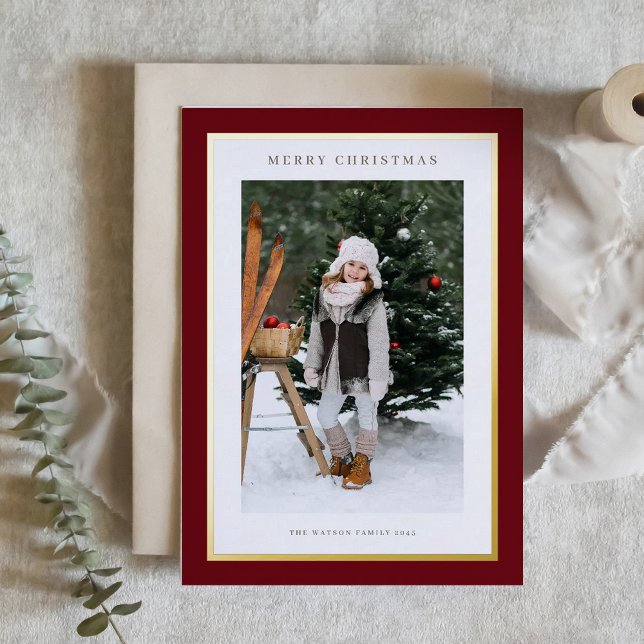 Modern Gold Foil Frame Burgundy Photo Christmas Foil Holiday Card (Elegant photo Christmas card featuring gold foil frame and a burgundy background,)
