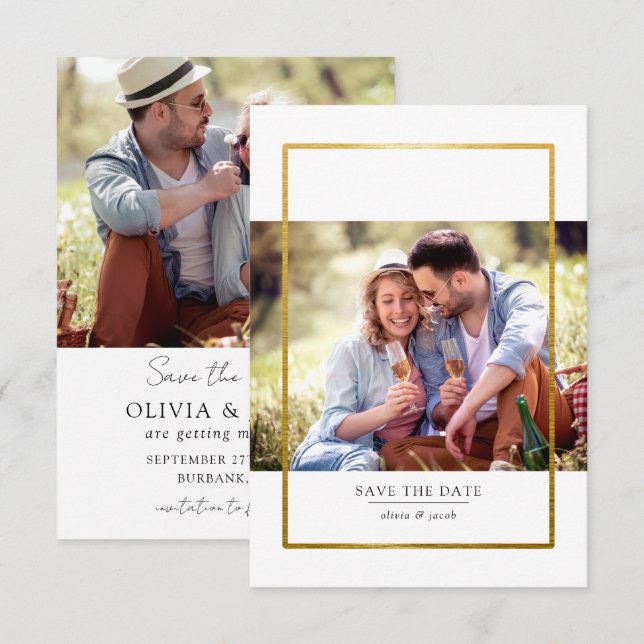 Modern Gold Foil Frame Photo Wedding Save The Date (Front/Back)