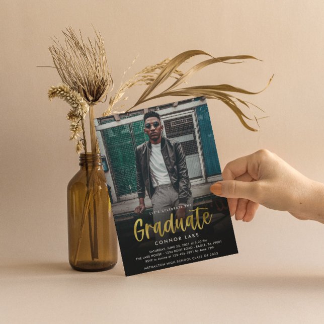 Modern Gold Foil Grad Party 2 Photo Invitation (Creator Uploaded)