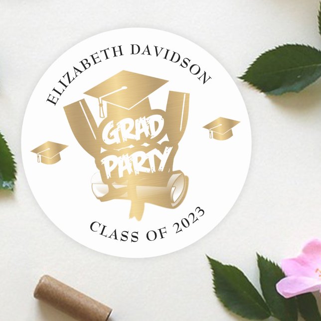 Modern Gold Foil grad party Black typography Classic Round Sticker (Creator Uploaded)