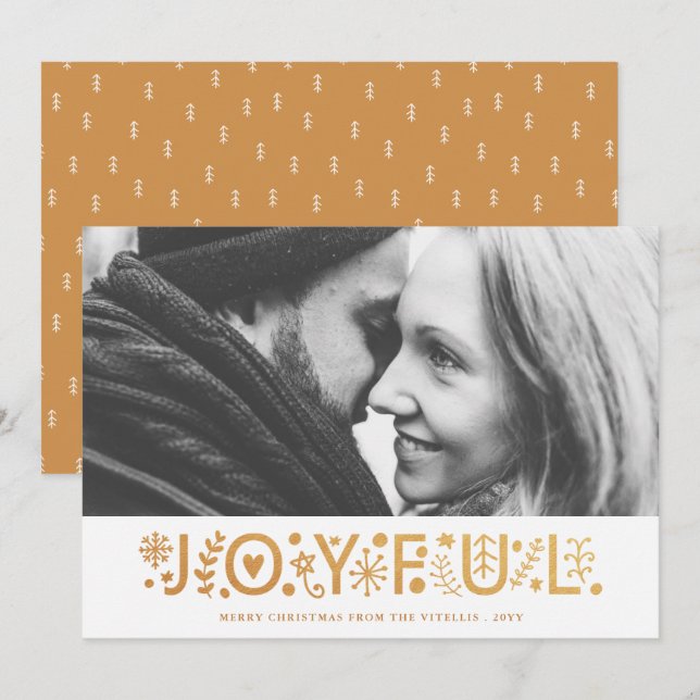 Modern Gold Foil Joyful Christmas Photo White Holiday Card (Front/Back)