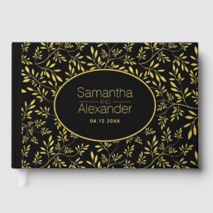 Modern gold foil leaves and frame black wedding guest book