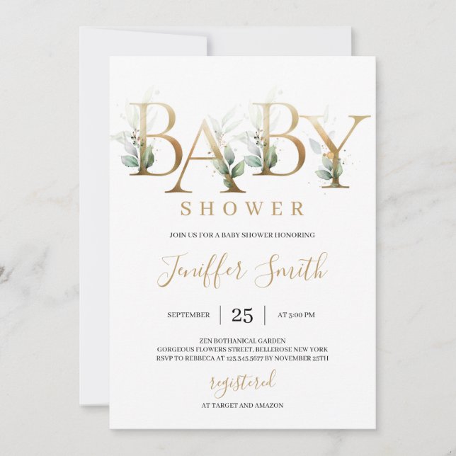 Modern gold foil letters green leaves baby shower invitation (Front)