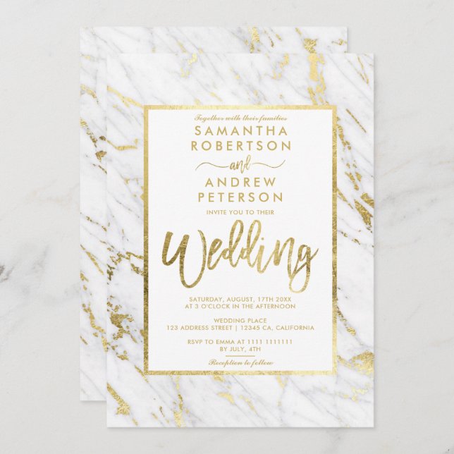 Modern gold foil marble script elegant wedding invitation (Front/Back)
