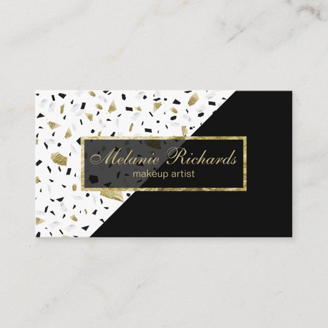 Modern Gold Foil Marble Terrazzo Black Pattern Business Card (Front)