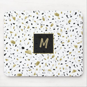 Modern Gold Foil Marble Terrazzo Pattern Monogram Mouse Mat