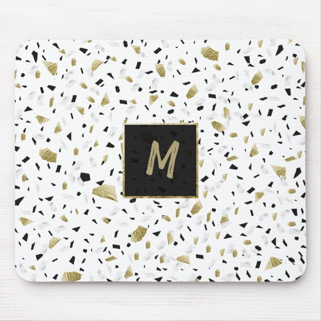 Modern Gold Foil Marble Terrazzo Pattern Monogram Mouse Mat (Front)