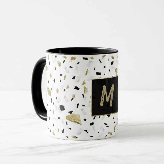 Modern Gold Foil Marble Terrazzo Pattern Monogram Mug (Front Left)