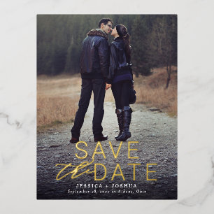 Modern Gold Foil Overlay Full Photo Save the Date Invitation Postcard