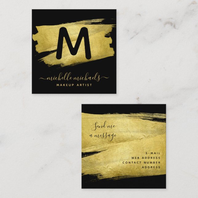 Modern Gold Foil Paint Makeup Salon Black Square Business Card (Front/Back)
