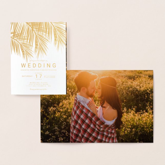 Modern gold foil palm tree photo wedding foil card (Display)
