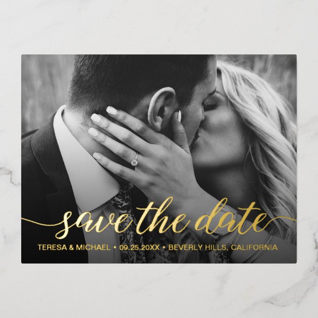Modern Gold foil Save the date Photo Wedding Foil Invitation Postcard (Front)