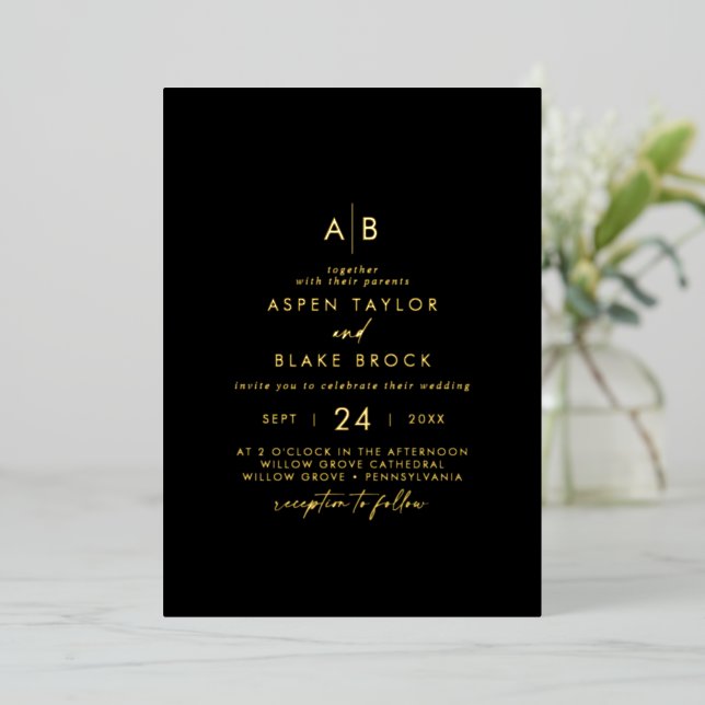 Modern Gold Foil Script | Black Monogram Wedding (Standing Front)