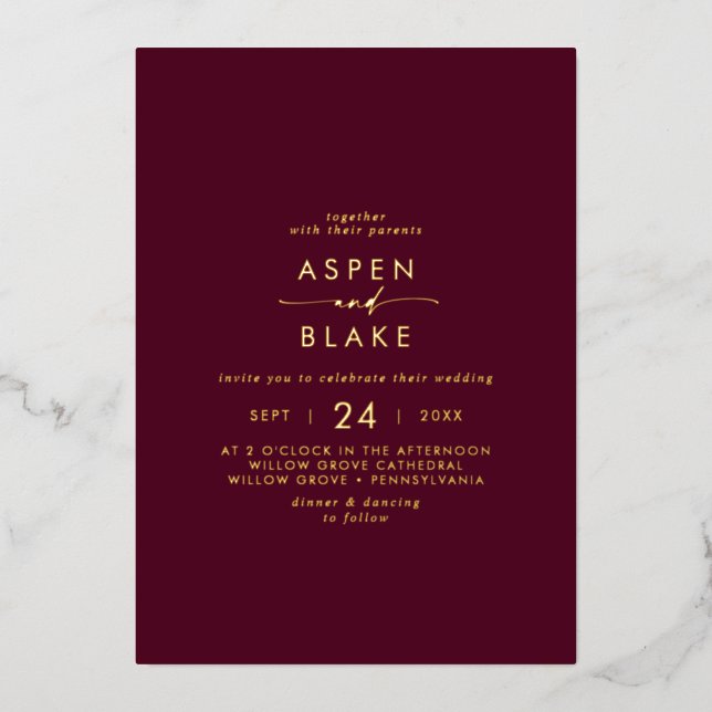 Modern Gold Foil Script | Burgundy Casual Wedding (Front)