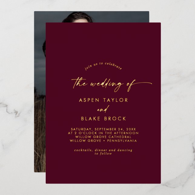 Modern Gold Foil Script | Burgundy Photo Wedding (Front/Back)