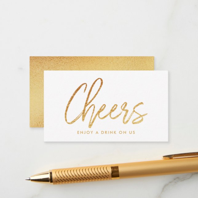 Modern Gold Foil Script "Cheers" Drink Ticket Enclosure Card (Front/Back In Situ)