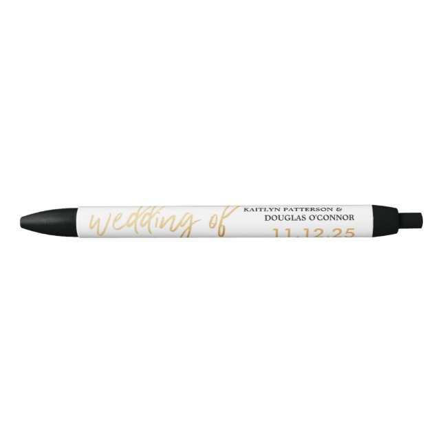 Modern Gold Foil Script Wedding Favour Black Ink Pen (Front)