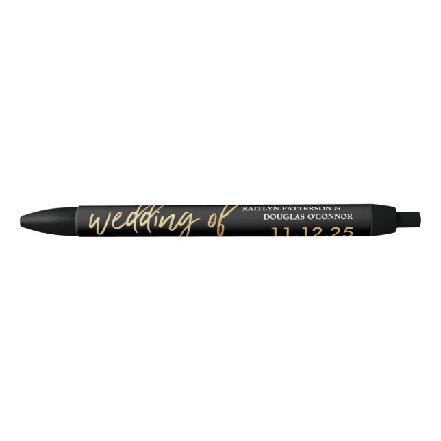 Modern Gold Foil Script Wedding Favour Black Ink Pen (Front)