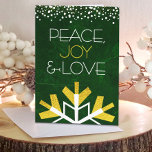 Modern Gold Foil Snowflake Peace Joy Love Green Holiday Card<br><div class="desc">“Peace, joy & love.” A giant, fun, playful, gold foil and white snowflake illustration and modern typography on a rich, deep dark green marble watercolor background help you usher in the holiday season. A white and gold confetti dot border frames the top. Your personalized greeting is found on the inside....</div>