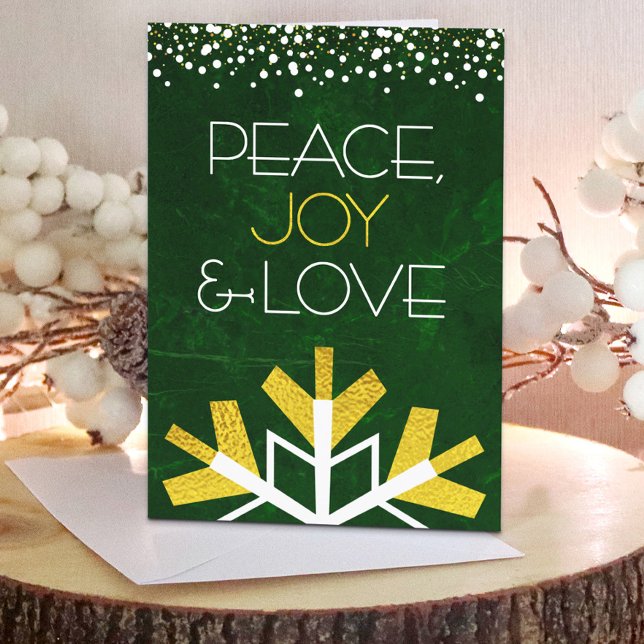 Modern Gold Foil Snowflake Peace Joy Love Green Holiday Card (Creator Uploaded)