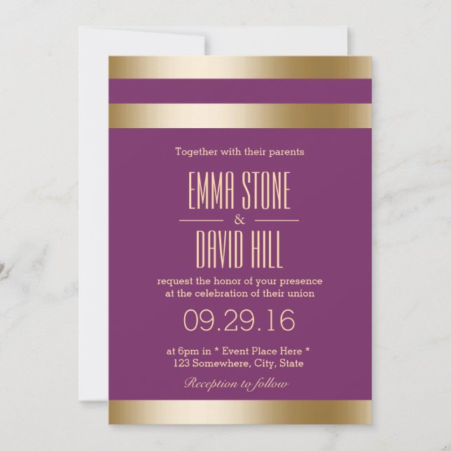 Modern Gold Foil Stripes Elegant Purple Wedding Invitation (Front)