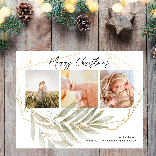 Modern Gold Foliage 3 Photo Collage Christmas  Postcard (Creator Uploaded)