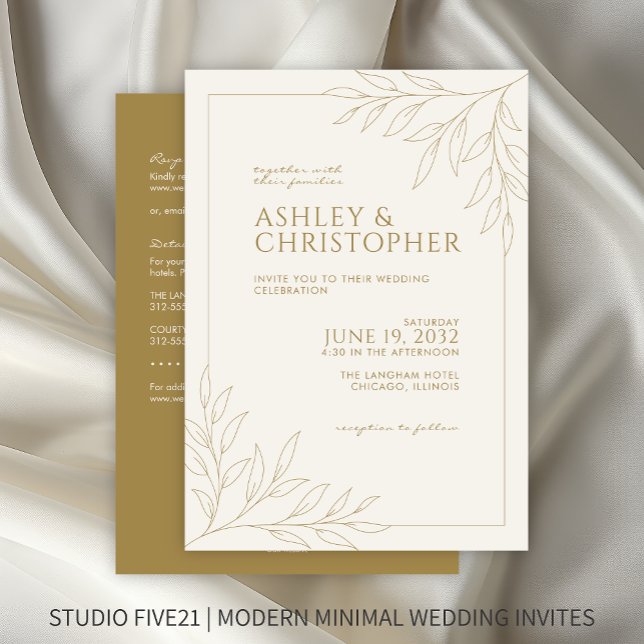 Modern Gold Foliage Outline All-in-One Wedding Invitation (Creator Uploaded)