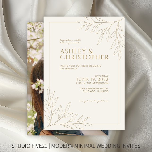 Modern Gold Foliage Outline Photo Wedding Invitation (Creator Uploaded)