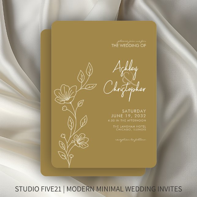 Modern Gold Foliage Outline Wedding Invitation (Creator Uploaded)