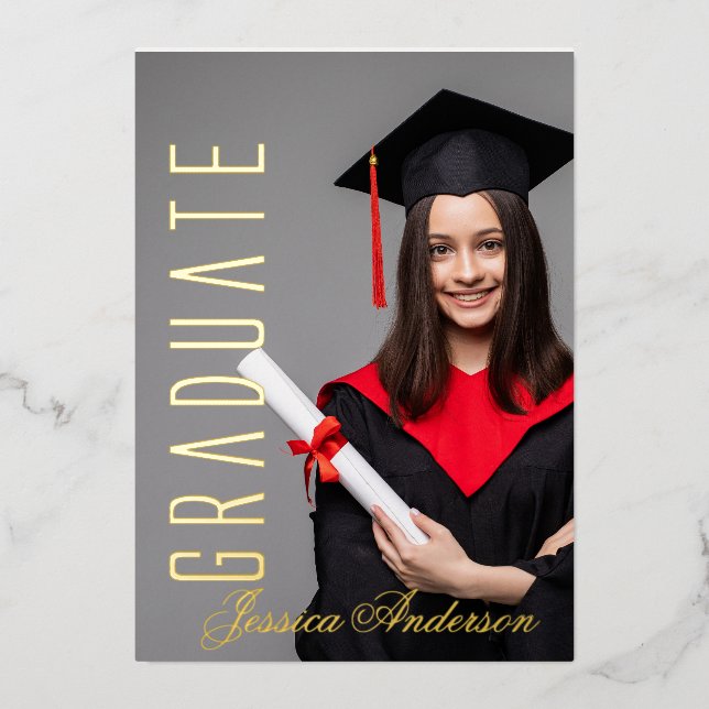 Modern Gold Font | Photo Graduation Party   Foil Holiday Card (Front)