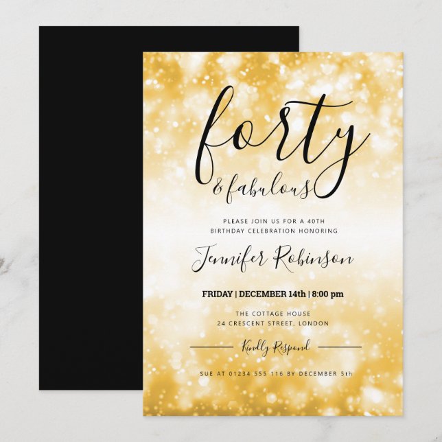 Modern Gold Forty & Fabulous 40th Birthday Invitation (Front/Back)