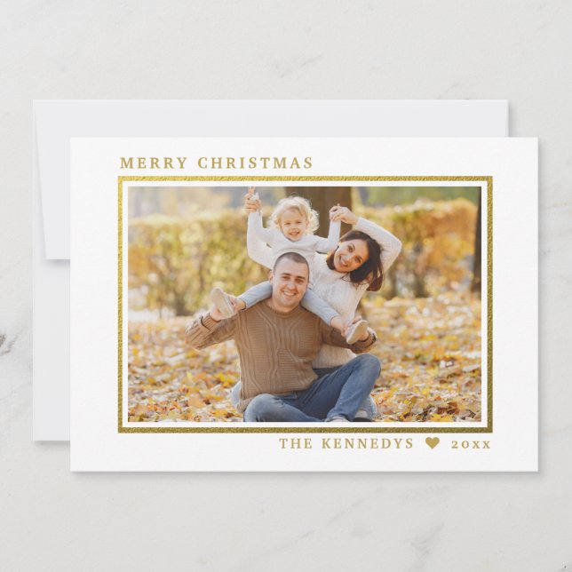 Modern Gold Frame 2 Family Photo Merry Christmas Holiday Card (Front)