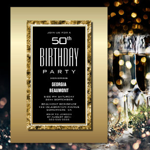 Modern Gold Frame Black 50th Birthday Party Invitation