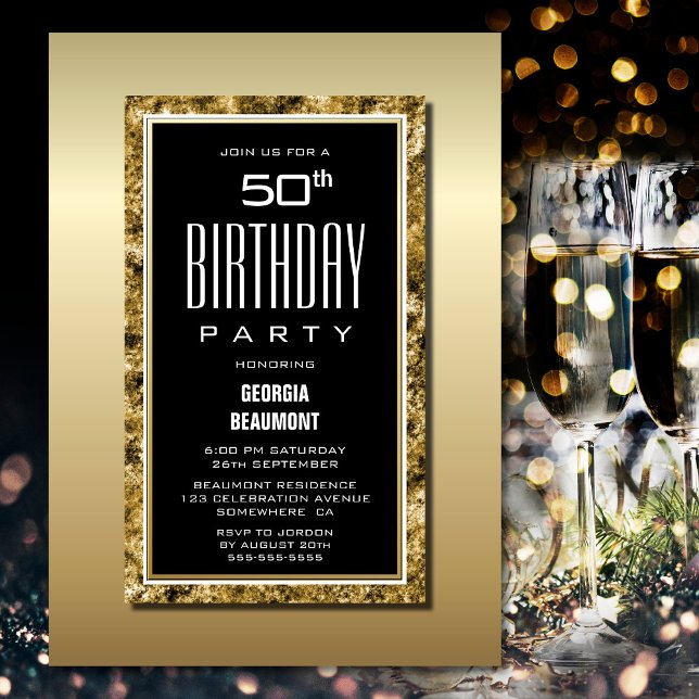 Modern Gold Frame Black 50th Birthday Party Invitation (Creator Uploaded)