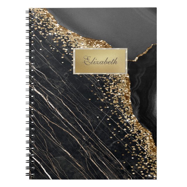 Modern Gold Frame,Black Marble Gold Sequins Notebook (Front)