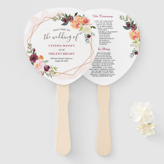 Modern Gold Frame Bloom Floral Wedding Program Hand Fan (Front and Back)