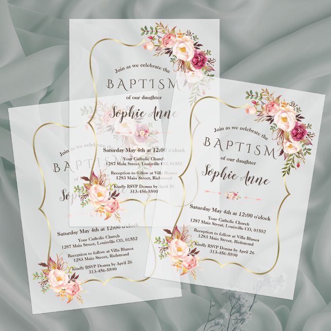 Modern Gold Frame Blush Pink Flowers Girl Baptism Vellum Invitations (Creator Uploaded)