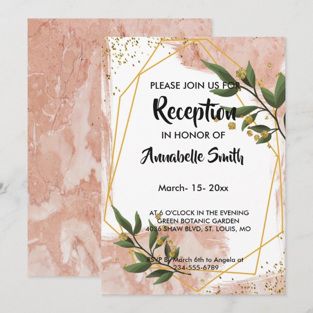 Modern Gold Frame Ivory Green Floral Reception Invitation (Front/Back)
