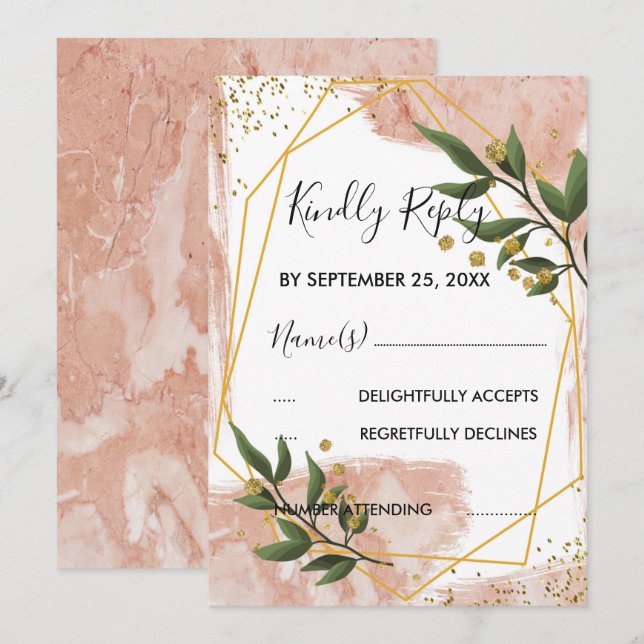 Modern Gold Frame Ivory Green Floral  RSVP Invitation (Front/Back)