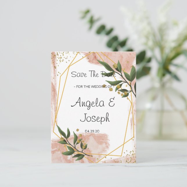 Modern Gold Frame Ivory Green Floral Save the Date Announcement Postcard (Standing Front)