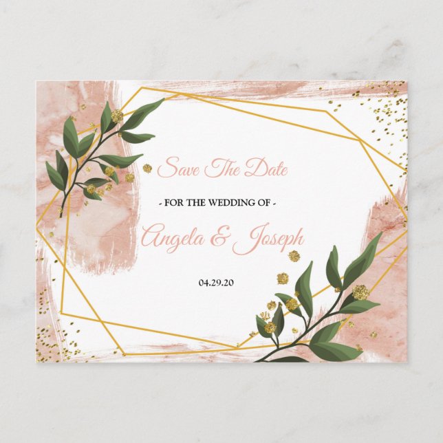 Modern Gold Frame Ivory Green Floral Save the Date Postcard (Front)