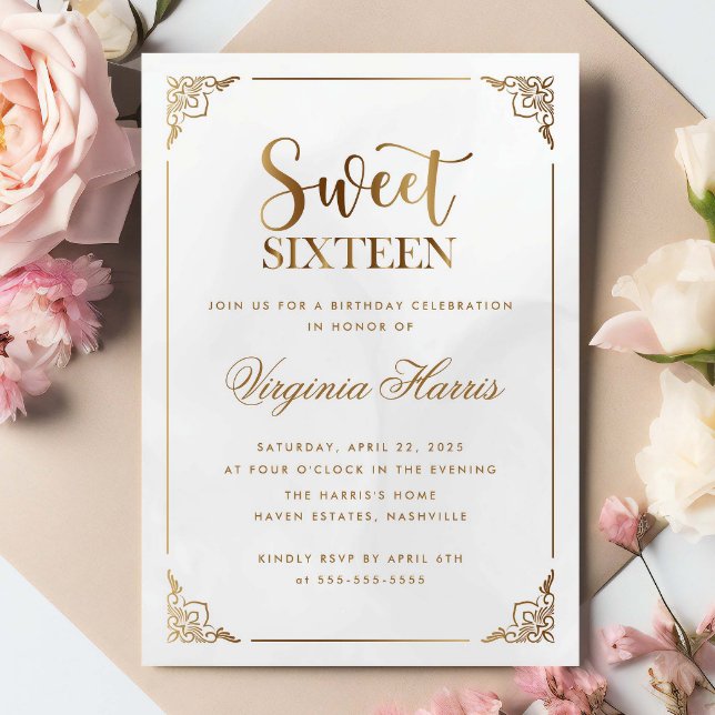 Modern Gold Frame Ornate Sweet Sixteen 16 Birthday Invitation (Creator Uploaded)