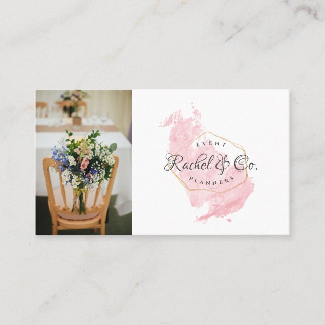 Modern Gold Frame Pink Watercolor Photo Business Card (Front)