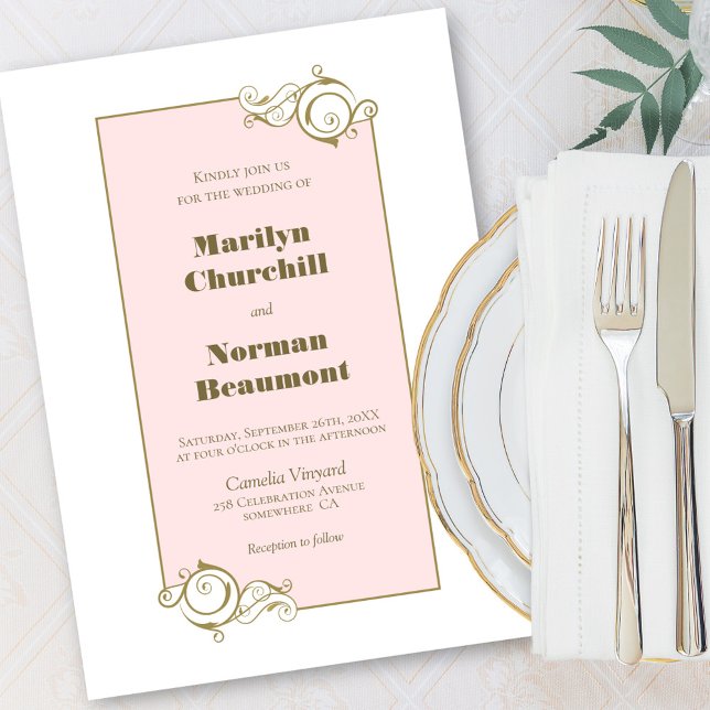 Modern Gold Frame Pink Wedding Invitation (Creator Uploaded)