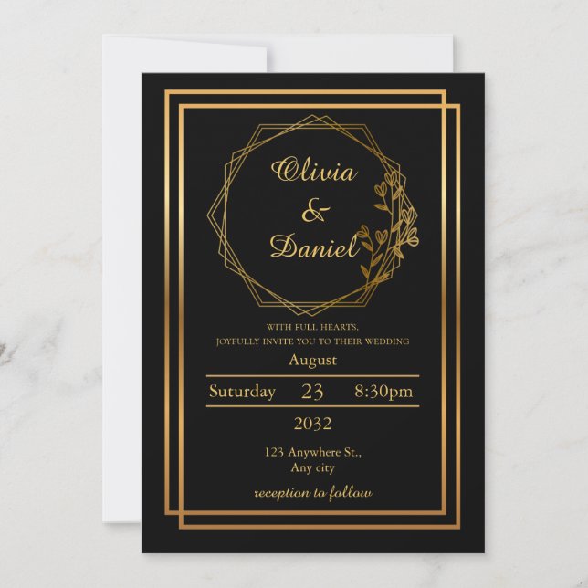 Modern Gold Frame Wedding Invitation on Black (Front)
