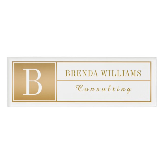 Modern Gold Frame White Background Name Tag (Front)