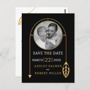 Modern gold frame with leaf and photo wedding postcard