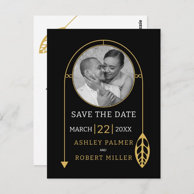Modern gold frame with leaf and photo wedding postcard (Front/Back)